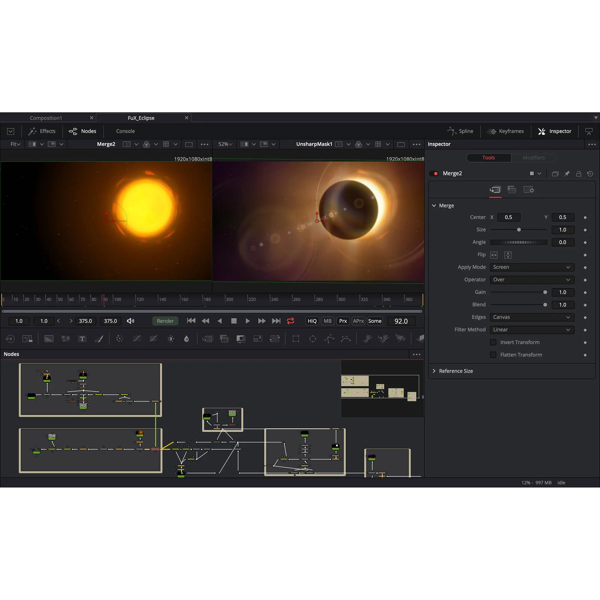 Blackmagic Design Fusion Studio interface showing node-based compositing.