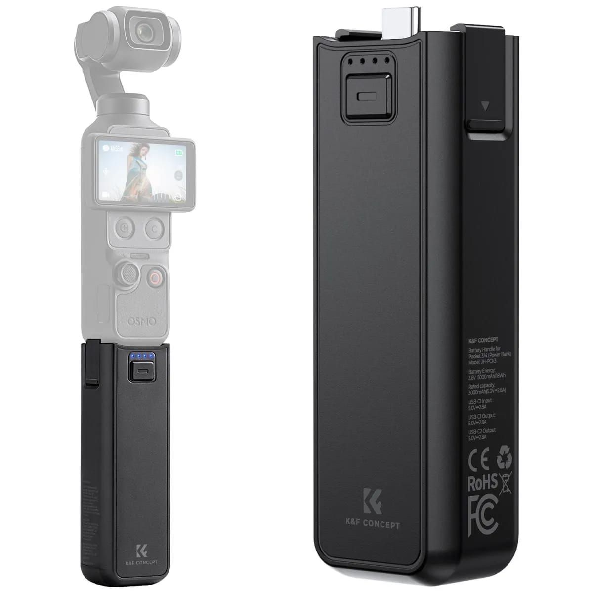 K&F Concept 5000mAh Fast Charging Battery Handle for DJI Osmo Pocket 4P/4/3 (KF28.0139)